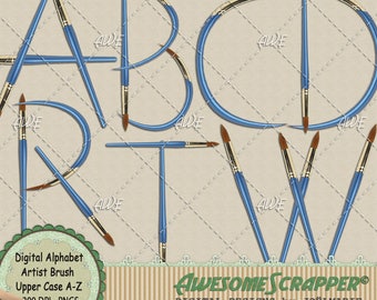 Alfabeto digital Artist Brush de AwesomeScrapper - Mayúsculas A-Z, alta calidad, PNG de 300 ppp, azul y dorado
