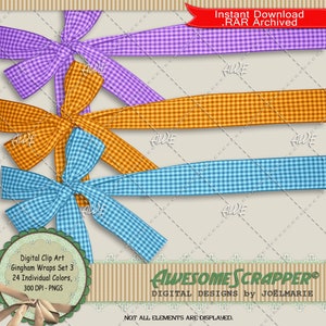 May include: Set of three gingham ribbon bows in purple, orange, and blue. The bows are tied in a knot and have a checkered pattern. The image includes the text "Digital Clip Art Gingham Wraps Set 3 24 Individual Colors, 300 DPI - PNGS" and "AWESOME SCRAPPER® DIGITAL DESIGNS by JOËLMARIE NOT ALL ELEMENTS ARE DISPLAYED."