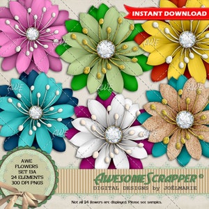 Conjunto de flores 13A, Clip Art de AweomeScrapper, Conjunto de 24, PNGs de alta qualidade de 300 DPI, Várias cores, Primavera, Jardim, Floral, Pétala dupla