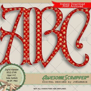 Gold Stern Digital Alphabet von AwesomeScrapper - Hochwertig, 300 DPI PNGs, 26 Großbuchstaben mit Goldenen Sternen, Rot, Gold, Weihnachten