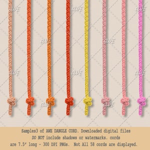 May include: A set of eight different colored cords, each tied in a knot at the bottom. The cords are 7.5 inches long and are 300 DPI PNGs. Samples3 of AWE DANGLE CORD. Downloaded digital files DO NOT include shadows or watermarks. cords are 7.5" long - 300 DPI PNGs. Not All 58 cords are displayed.
