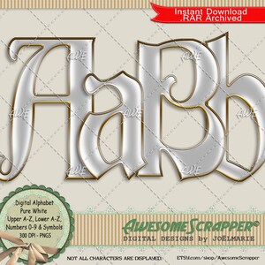 Alfabeto digital blanco puro de AwesomeScrapper - Alta calidad, PNG de 300 DPI, blanco, adornos dorados, limpio, inglés antiguo, estilo holandés
