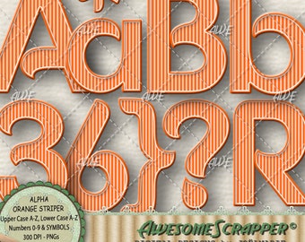 Orange Striper Digital Alpha, by AwesomeScrapper - Upper Case, Lower Case, Numbers and Symbols. High Quality 300 DPI PNGS - Instant Download