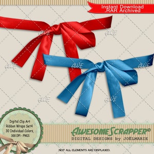 Ribbon Wraps Set4 - Clip Art digital por AwesomeScrapper - Alta qualidade, 300 DPI PNGs, conjunto de 30, cetim, laço, envoltório, várias cores