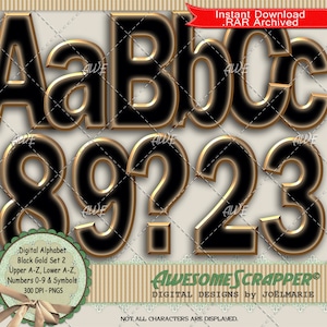 Black Gold Set2 Digital Alphabet par AwesomeScrapper - Haute qualité, PNG 300 DPI, noir avec bordure dorée, majuscules, chiffres, quelques symboles.