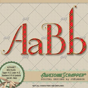 Red Plaid Digital Alphabet, by AwesomeScrapper - Upper Case, Lower Case, Numbers and Some Symbols-  High Quality 300 DPI PNGs.