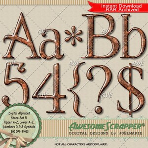May include: A digital alphabet font set in a stone style with a brown and orange marbled texture. The set includes uppercase and lowercase letters, numbers, and symbols. The font is 300 DPI and in PNG format.