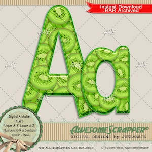 KIWI Digital Alphabet von AwesomeScrapper, Hochwertige 300 DPI PNGs, Grün, Obst, Sommer, Essen, Tropisch