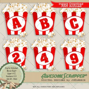 May include: Digital alphabet and number clipart set featuring red and white striped popcorn buckets with white popcorn. The letters A, B, C, and numbers 2, 4, 9 are displayed in white circles on a red background. The text "Digital Alphabet Movie Night Upper A-Z, Numbers 0-9 300 DPI - PNGS" is displayed at the bottom of the image. The text "AWESOME SCRAPPER® DIGITAL DESIGNS by JOËLMARIE" is displayed at the bottom of the image. The text "NOT ALL CHARACTERS ARE DISPLAYED." is displayed at the bottom of the image.
