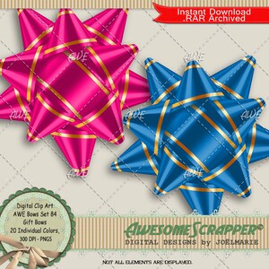 Gift Bows Set 84 Digital Clip Art by AwesomeScrapper - High Quality, 300 DPI PNGs,  Set of 20, Gift Bows, Gold Trim, Assort. Colors