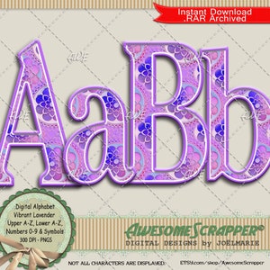 May include: A digital alphabet clipart set featuring the letters A and B in a vibrant lavender color with a floral pattern. The letters are outlined in a darker purple. The text "Instant Download .RAR Archived" is at the top of the image. The text "Digital Alphabet Vibrant Lavender Upper A-Z, Lower A-Z, Numbers 0-9 & Symbols 300 DPI - PNGS" is at the bottom of the image. The text "AWESOME SCRAPPER® DIGITAL DESIGNS by JOËLMARIE" is in the center of the image. The text "NOT ALL CHARACTERS ARE DISPLAYED. ETSY.com/shop/AwesomeScrapper" is at the bottom of the image.
