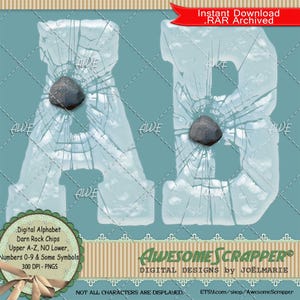 Alphabet numérique Darn Rock Chips par AwesomeScrapper, PNG 300 DPI de haute qualité, translucide, verre, endommagé, brisé, roche ébréchée