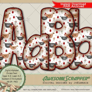 Chicken Feed Digital Alphabet by AwesomeScrapper - High Quality, 300 DPI PNGs, Gray, Brown, Red, Chicken, Egg, Flower, White, Black