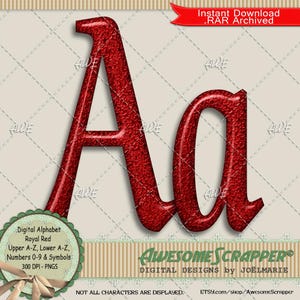 May include: Digital graphic of the letters "Aa" in royal red with a textured finish. The image includes the text "Instant Download .RAR Archived" and "Awesome Scrapper Digital Designs by Joelmarie". The graphic is available in upper and lower case, numbers, and symbols.