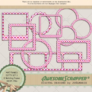 Clipart digital - AWE Dotty Frames Set #3, conjunto de 12, pontos rosa, vários tamanhos e estilos, alta qualidade, 300 DPI PNGs