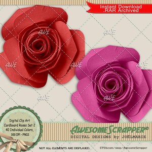 Set2 de rosas de cartón, imágenes prediseñadas digitales de AwesomeScrapper: PNG de alta calidad con 300 DPI, juego de 40, papel, flores, cartulina, ramilletes, rosas