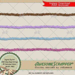 Puede incluir: Cuatro filas de cadenas de cuentas de vidrio de arte digital en marrón, morado, azul y rosa. La imagen incluye el texto "Digital Clip Art AWE Glass Bead Strings 45 Individual Colors, 300 DPI - PNGS" y "AWESOME SCRAPPER® DIGITAL DESIGNS by JOËLMARIE NOT ALL ELEMENTS ARE DISPLAYED."