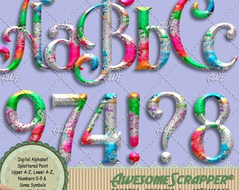 Splattered Paint Digital Alphabet by AwesomeScrapper - High Quality, 300 DPI PNGs, Pink, Green, Yellow, Blue, Splattered And Flung Paint
