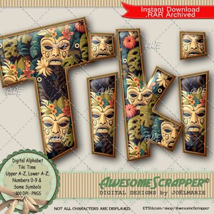 AwesomeScrapper による Tiki Time デジタル アルファベット、高品質 300 DPI PNG、島、マスク、原住民、文化、熱帯、冒険、旅行