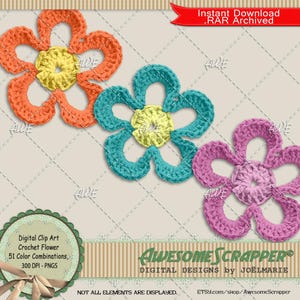 Crochet Flower Digital Clip Art por AwesomeScrapper - Alta qualidade, 300 DPI PNGs, conjunto de 51, Crochê, Flor, Fio, Várias cores