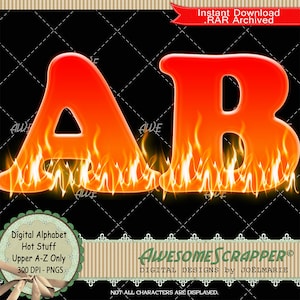 Alfabeto digitale Hot Stuff di AwesomeScrapper - Alta qualità, PNG 300 DPI, rosso, giallo, arancione, fiamme, lettere maiuscole, fuoco