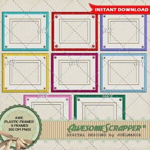 Clipart digital - Conjunto de 8 molduras de plástico AWE, foscas, multicoloridas, PNGs de alta qualidade com 300 DPI