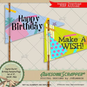 Clipart digital de flâmulas de aniversário por AwesomeScrapper - alta qualidade, PNGs de 300 DPI, conjunto de 37, vários designs, bandeiras, escolha de bolo, aniversário