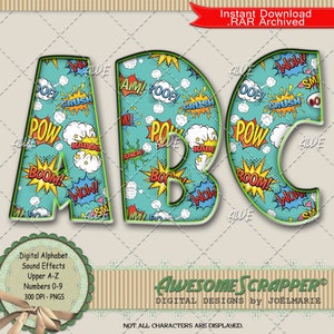 May include: A set of three digital alphabet letters, A, B, and C, in a comic book style with a blue and green background. The letters are outlined in green and filled with a pattern of colourful comic book sound effects like "POW", "BOOM", and "WOW".