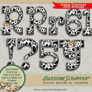 Country Cow Digital Alphabet by AwesomeScrapper - High Quality, 300 DPI PNGs,  Black and White Holstein pattern, with a whimsical cow.