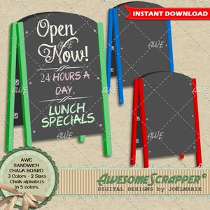 Digital Clipart - Sandwich Chalk Board Set, by AwesomeScrapper, 3 chalk boards, 2 sizes 6 total, plus 5 colored chalk like alphabets