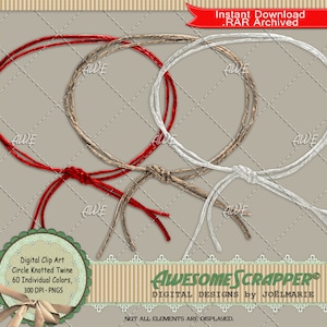 Puede incluir: Tres diseños de cuerda anudada en círculo, en rojo, blanco y marrón. La cuerda está anudada en un nudo en el centro de cada círculo. La imagen está etiquetada como "Digital Clip Art Circle Knotted Twine 60 Individual Colors, 300 DPI - PNGS" y "AWESOME SCRAPPER® DIGITAL DESIGNS by JOËLMARIE".