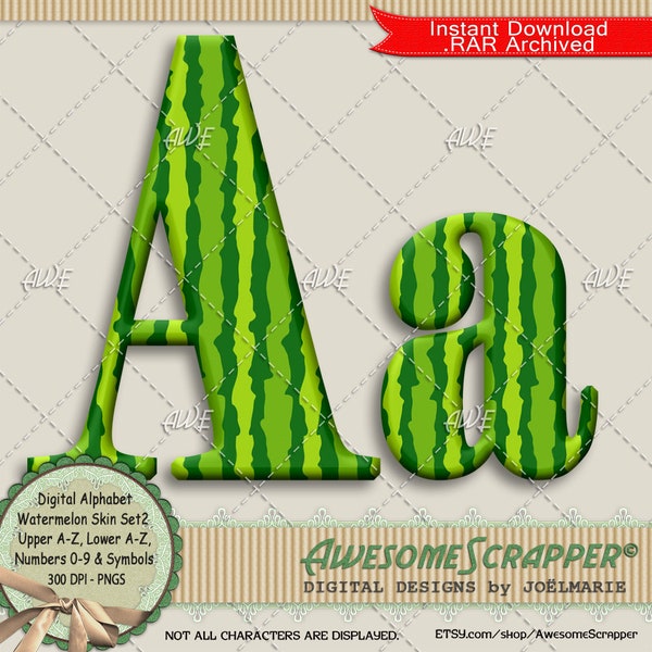 Watermelon Skin Set2 Digital Alphabet by AwesomeScrapper - High Quality, 300 DPI PNGs, Green, Light Green, Dark Green, Fruit, Summer, Rind