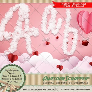Skynotes Digitales Alphabet von AwesomeScrapper – Hohe Qualität, 300 DPI PNGs, weiße Wolken, flauschig, Ober- und Unterteile, Zahlen, Skywriting