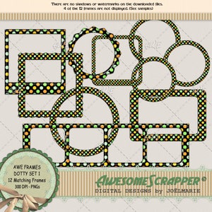 Clipart digitale - AWE Dotty Frames Set #1 - Set di 12, varie dimensioni e stili, alta qualità, PNG 300 DPI, nero con quattro punti di colore