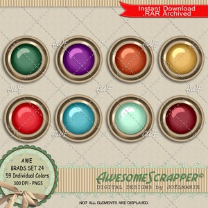 May include: Set of 24 digital brads in 59 different colors. The brads are round and have a metallic gold frame with a glossy finish. The brads are 300 DPI and in PNG format.  AWE BRADS SET 24, 59 Individual Colors, 300 DPI - PNGS, AWESOMESCRAPPER® DIGITAL DESIGNS by JOËLMARIE, NOT ALL ELEMENTS ARE DISPLAYED.