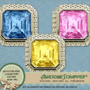 Clipart digital - Pedras de nascimento em configurações, por AwesomeScrapper, conjunto de 12, PNGs de alta qualidade de 300 DPI, safira, granada, zircão rosa, etc.