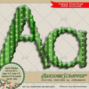 Alfabeto digital Cactus Set2 por AwesomeScrapper, PNG de 300 DPI de alta calidad, Desierto, Plantas, Cactus, Verde, Espinas, Suculento, Jardín
