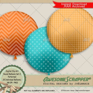Round Balloons 2 Patterned Digital Clip Art by AwesomeScrapper - High Quality, 300 DPI PNGs, Set of 18. Perfect for parties and occasions.