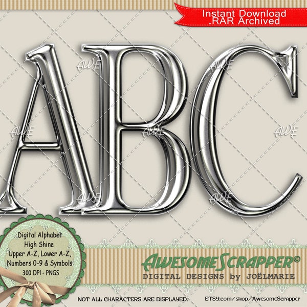 High Shine Digital Alphabet door AwesomeScrapper - Hoge kwaliteit, 300 DPI PNG's, Glans, Zilver, Klassiek, Chroom, Elegant, Metallic