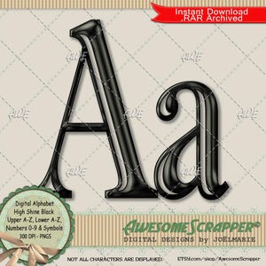 Hoogglans zwart digitaal alfabet van AwesomeScrapper - Hoge kwaliteit, 300 DPI PNG's, glans, zwart, klassiek, elegant, glad, open gezicht