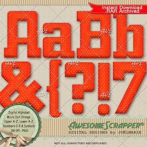 Op de afbeelding: Oranje alfabetletters en symbolen met een wit stippenpatroon. De letters zijn A, a, B, b, &, !, ?, en 7. De letters zijn 300 DPI PNG-bestanden.