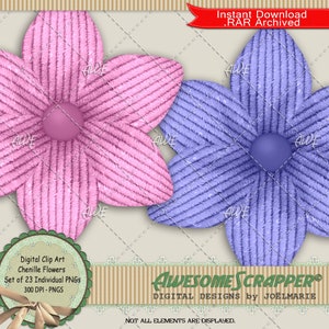 Clipart digital de flores de chenille por AwesomeScrapper, conjunto de 23 cores, flores, parece suave como tecido de chenille - 300 DPI PNGs