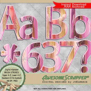 Alfabeto digital de pinceladas por AwesomeScrapper - PNGs de alta qualidade, 300 DPI, vários tons de rosa, texturizado