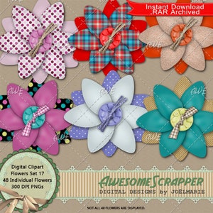 Conjunto de flores 17, clipart digital da AwesomeScrapper, conjunto de 48 combinações de cores e padrões, alta qualidade, PNGs de 300 DPI.