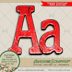 Puede incluir: Un diseño digital con las letras "A" mayúscula y minúscula, en una textura roja desgastada. La imagen incluye el texto "Digital Alphabet TRASHED" y "Awesome Scrapper" con una cinta que dice "Instant Download .RAR Archived".
