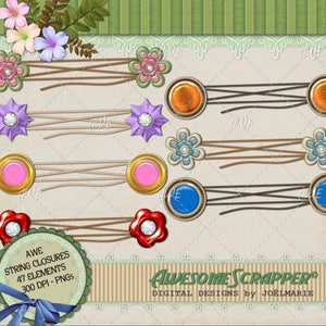 May include: A set of 47 digital scrapbook elements featuring string closures with various colors and designs, including flowers, stars, and buttons. The elements are 300 DPI and are perfect for adding a touch of whimsy to your digital scrapbooking projects.