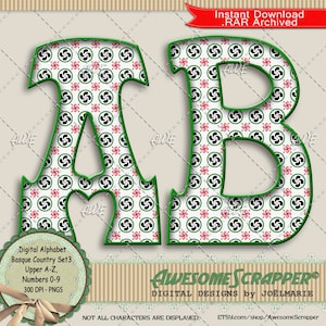 Basque Country Set3 Digital Alphabet by AwesomeScrapper - High Quality, 300 DPI PNGs, Green, White, Red, Black, Euskera, Euskal Herria