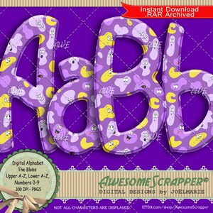Könnte beinhalten: Digitale Alphabetbuchstaben AaBb in einem lila Blob-Design mit gelben und weißen Akzenten. Die Buchstaben haben Cartoon-Gesichter und sind vor einem lila Hintergrund platziert. Enthält den Text "Instant Download .RAR Archived".