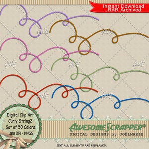 May include: Set of 50 digital clip art images of curly strings in various colors. The strings are arranged in a swirling pattern. The text "Digital Clip Art Curly String2 Set of 50 Colors 300 DPI - PNGS" is at the bottom of the image.