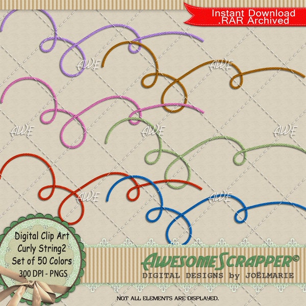 Curly String Set 2 Digital Clip Art by AwesomeScrapper - Set of 50 Elements, High Quality, 300 DPI PNGs,  A Collection of 50 Colors.